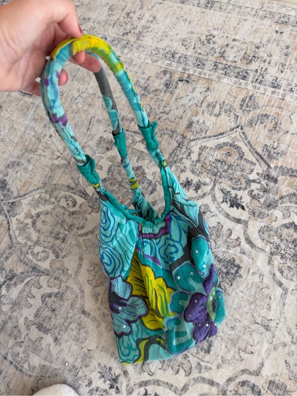 Turquoise Floral Beaded Shoulder Bag - Unbranded